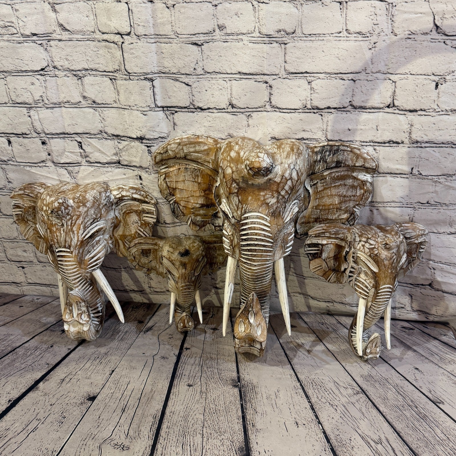 20cm x 20cm Plain Brown Painted Wood Elephant Head Wall Mounted Art Shabby6