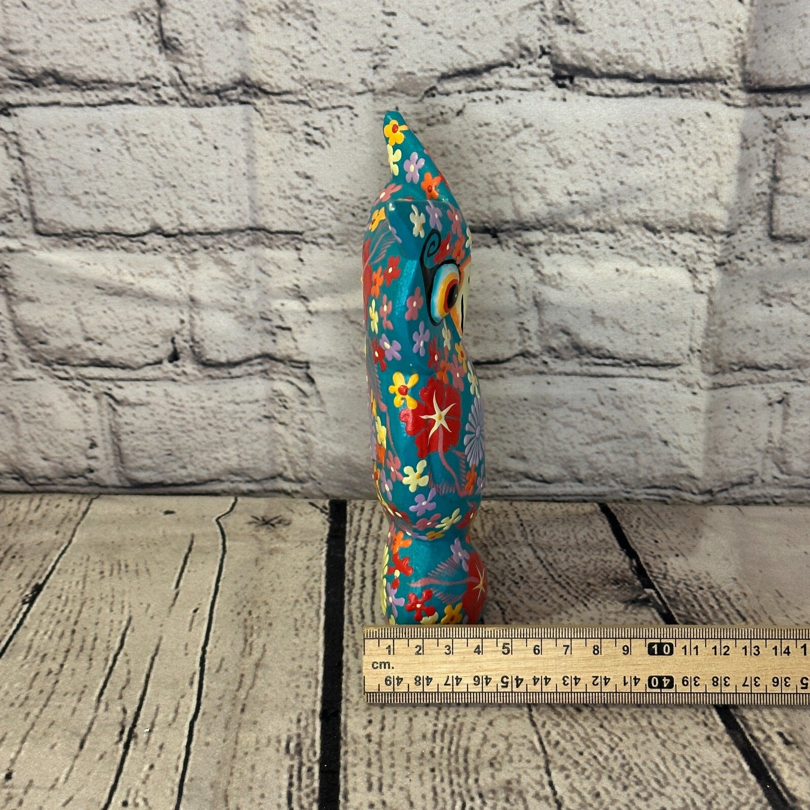 Blue Medium Wooden Owl With Flower Pattern 15cm x 8cm Handmade and Fairtrade7