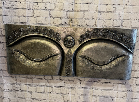 100cm x 40cm Silver Buddha Eyes Wall Art Plaque Handcarved Wooden Wood Panel0