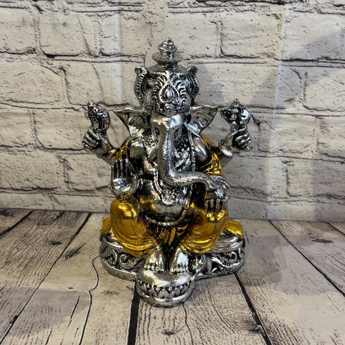 Silver And Gold 25cm Large Ganesh Ganesa Sitting On Lotus Statue Resin Hindu0