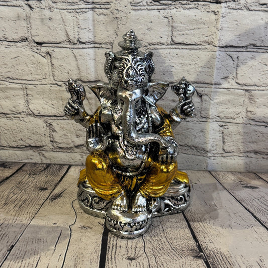 Silver And Gold 25cm Large Ganesh Ganesa Sitting On Lotus Statue Resin Hindu0