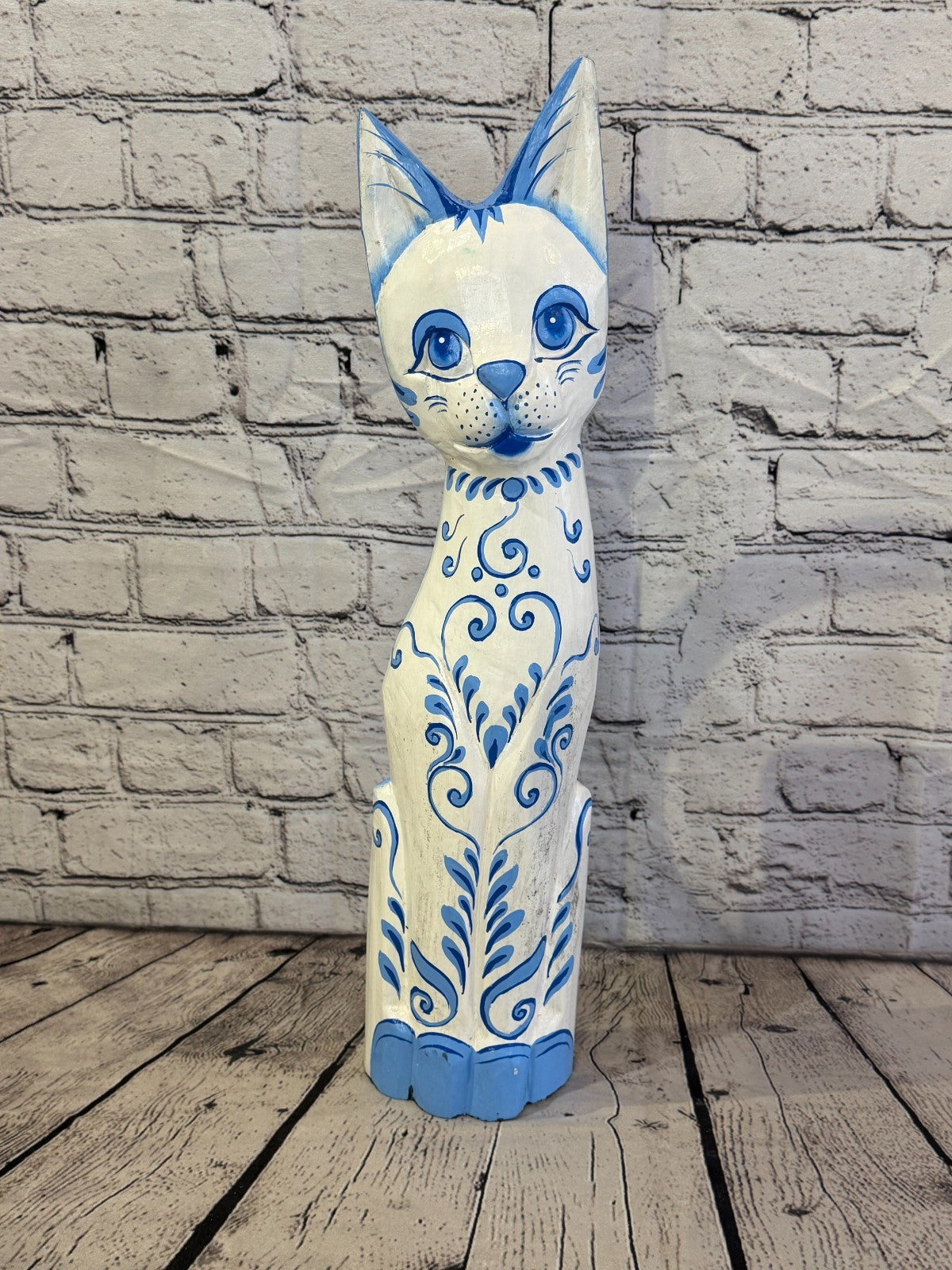 50cm Blue White Flower Wooden Shabby Cat Statue Ornament Fair Trade Handcarved0