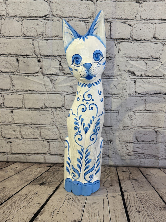 50cm Blue White Flower Wooden Shabby Cat Statue Ornament Fair Trade Handcarved0