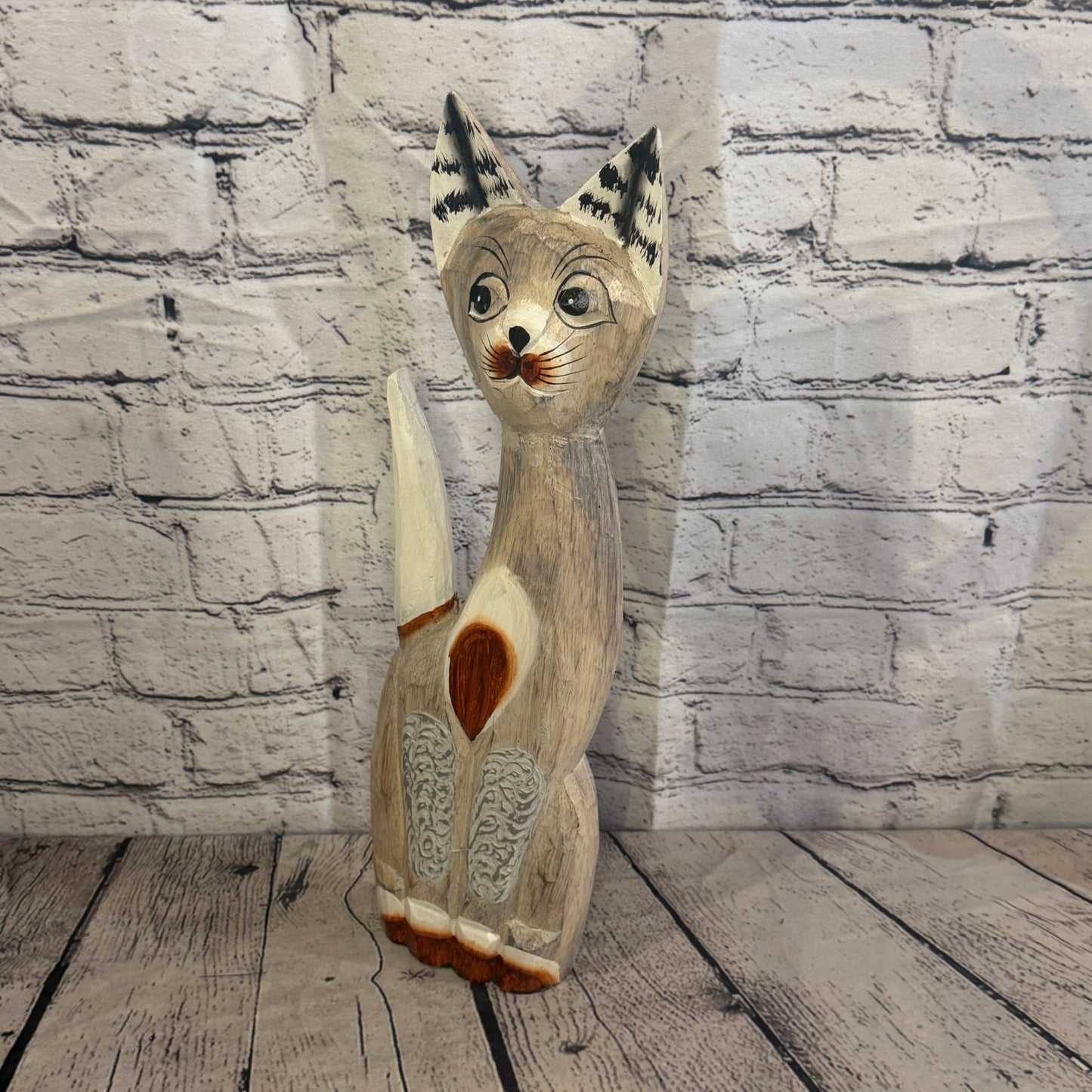 40cm White Dots Wooden Shabby Cat Statue Ornament Fair Trade Handcarved1