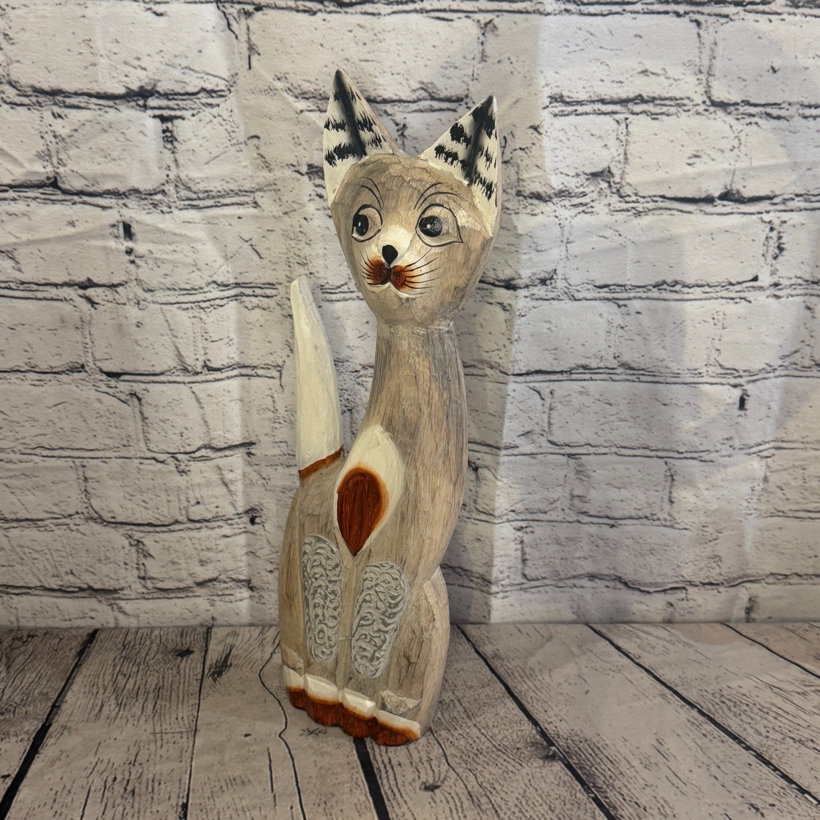 40cm White Dots Wooden Shabby Cat Statue Ornament Fair Trade Handcarved1