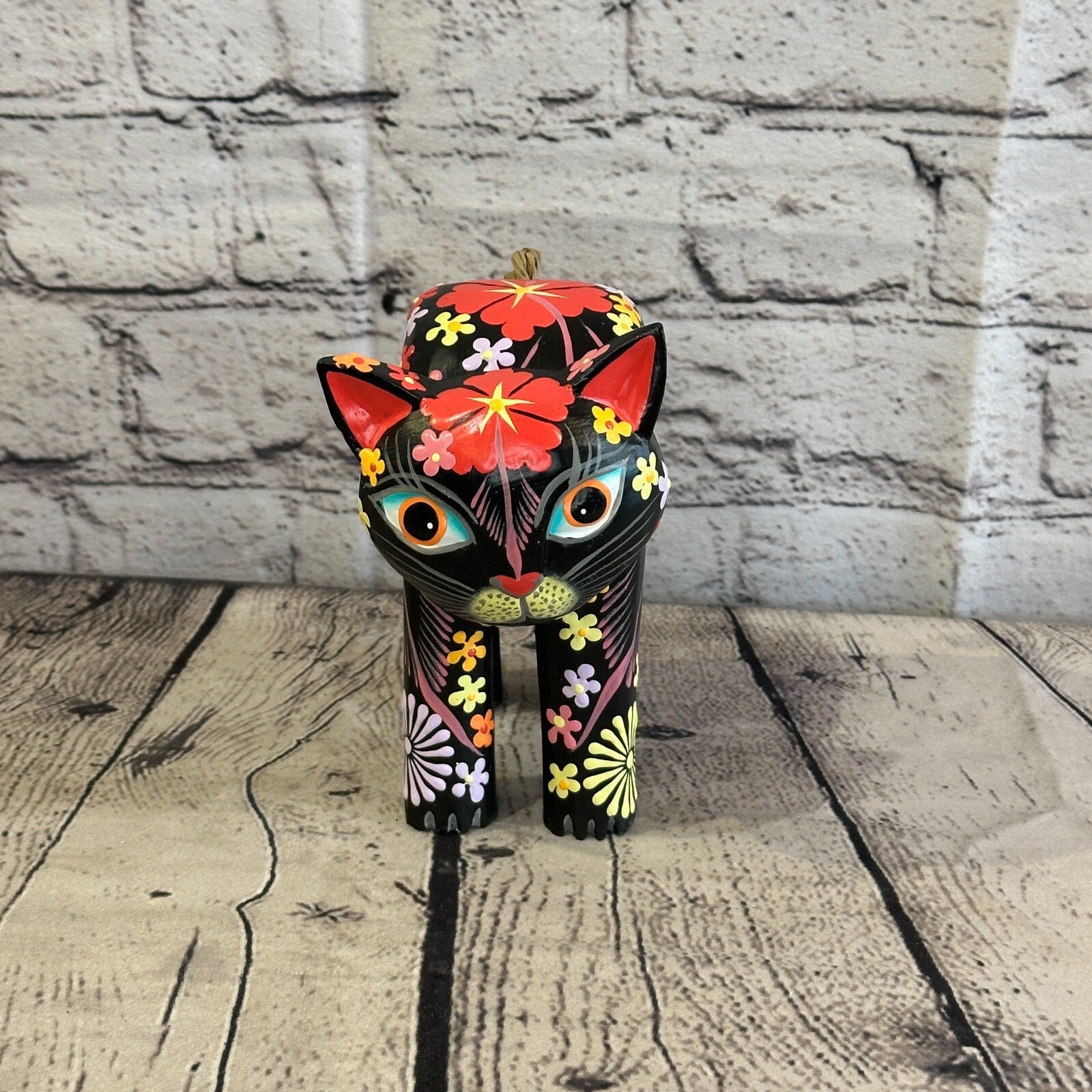 Black Large Wooden Cat With Flower Pattern 15cm x 10cm Handmade and Fairtrade1