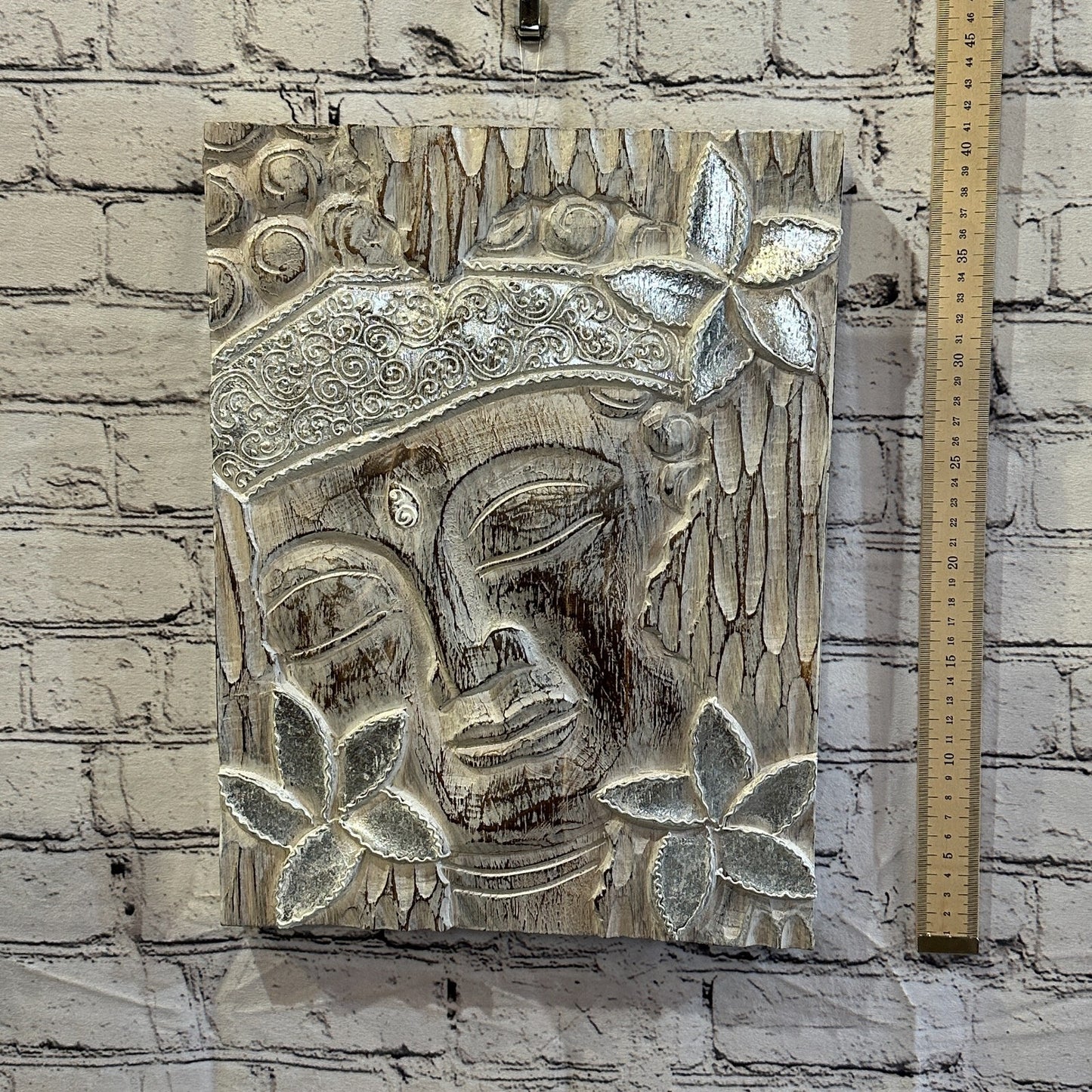 Wooden Wood Panel 40cm Brown White Buddha Hibiscus Wall Art Plaque Handcarved4