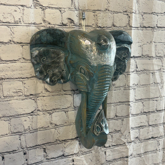 40cm x 35cm Silver Blue Painted Wood Elephant Head Wall Mounted Art Shabby0
