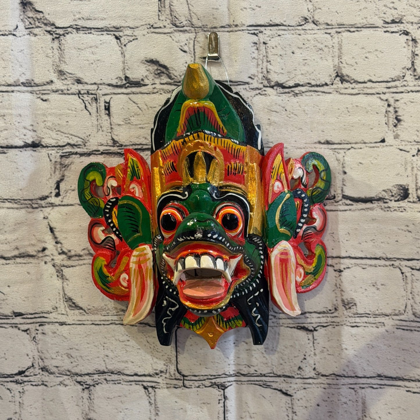 25cm Barong Crown Green Demon Dragon Hindu Deity Wooden Hand Carved Mask Painted3