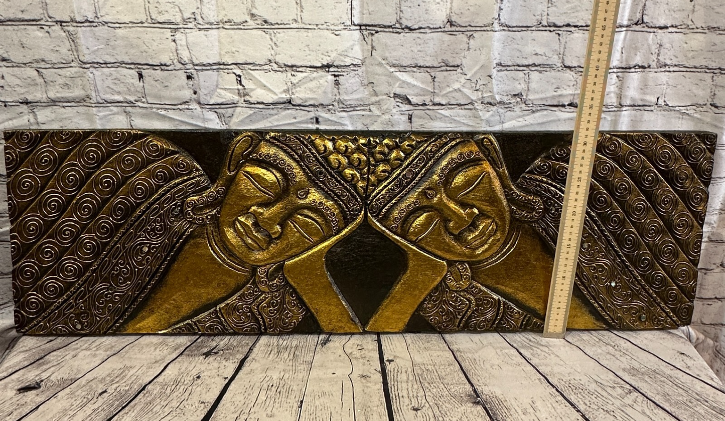 100cm x 30cm Buddha 2 Faces Gold Wooden Wood Panel Wall Art Plaque Handcarved3