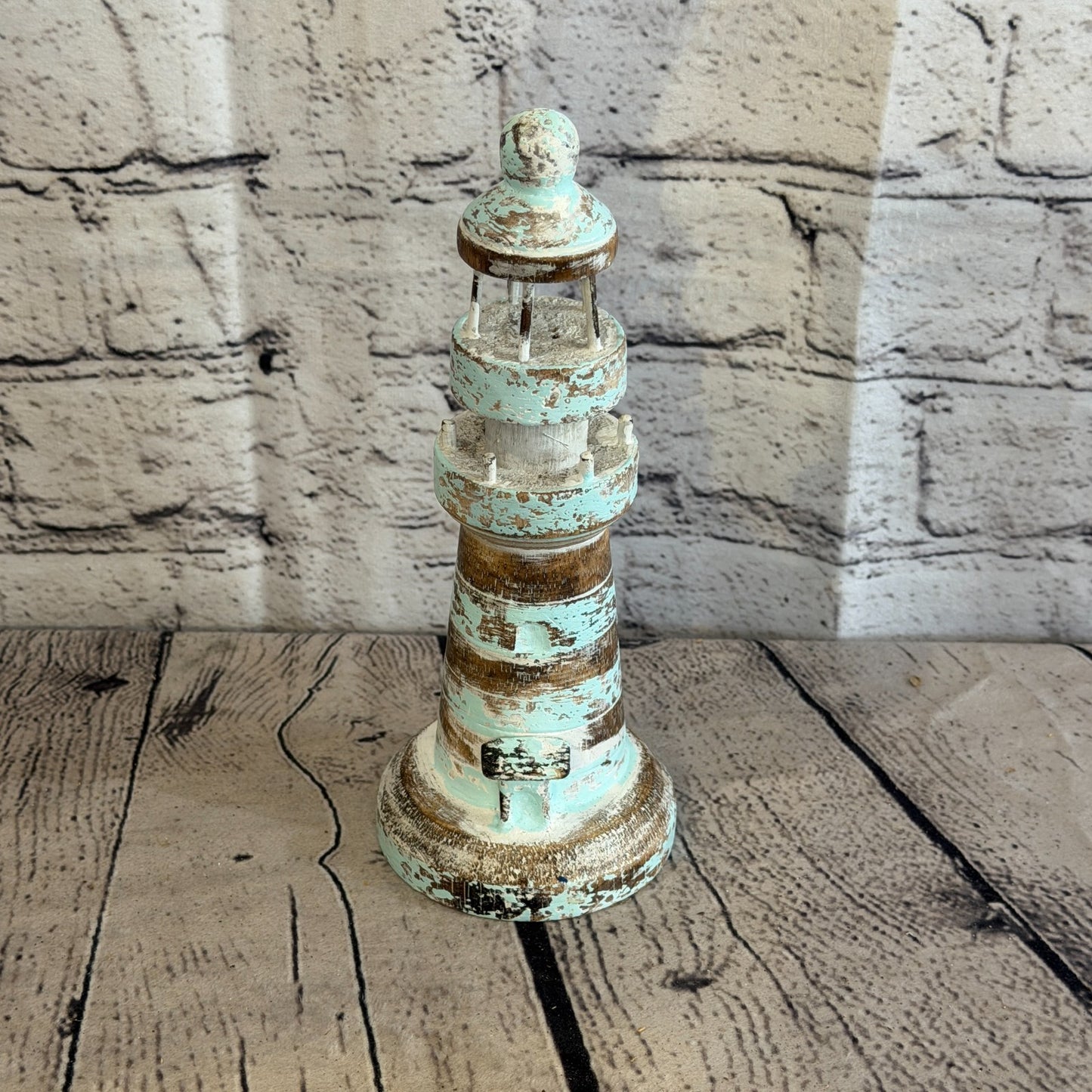 20cm Green White Wooden Lighthouse Detailed Ornament Nautical Coastal Sculpture1
