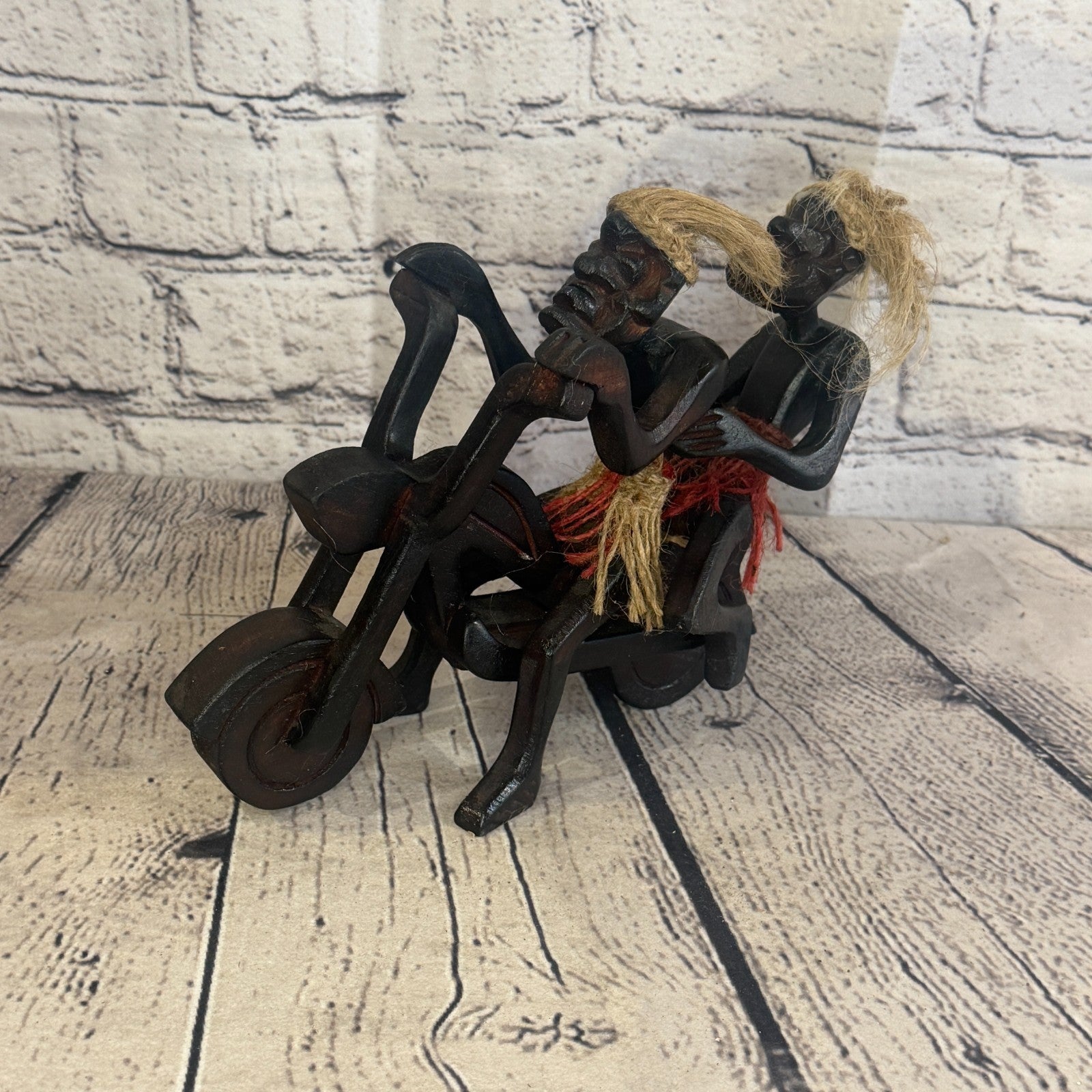 20cm Couple Motorbike African Tribal Warrior Man Figure Statue Wood Hand Carved0