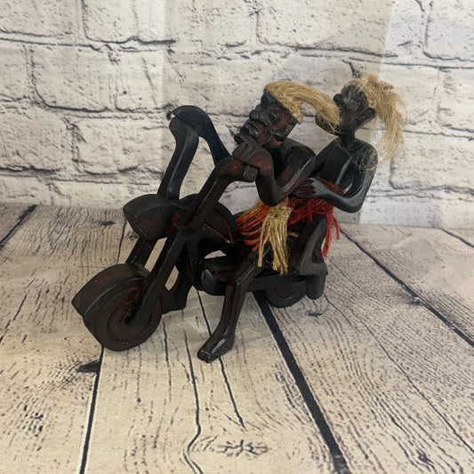 20cm Couple Motorbike African Tribal Warrior Man Figure Statue Wood Hand Carved0