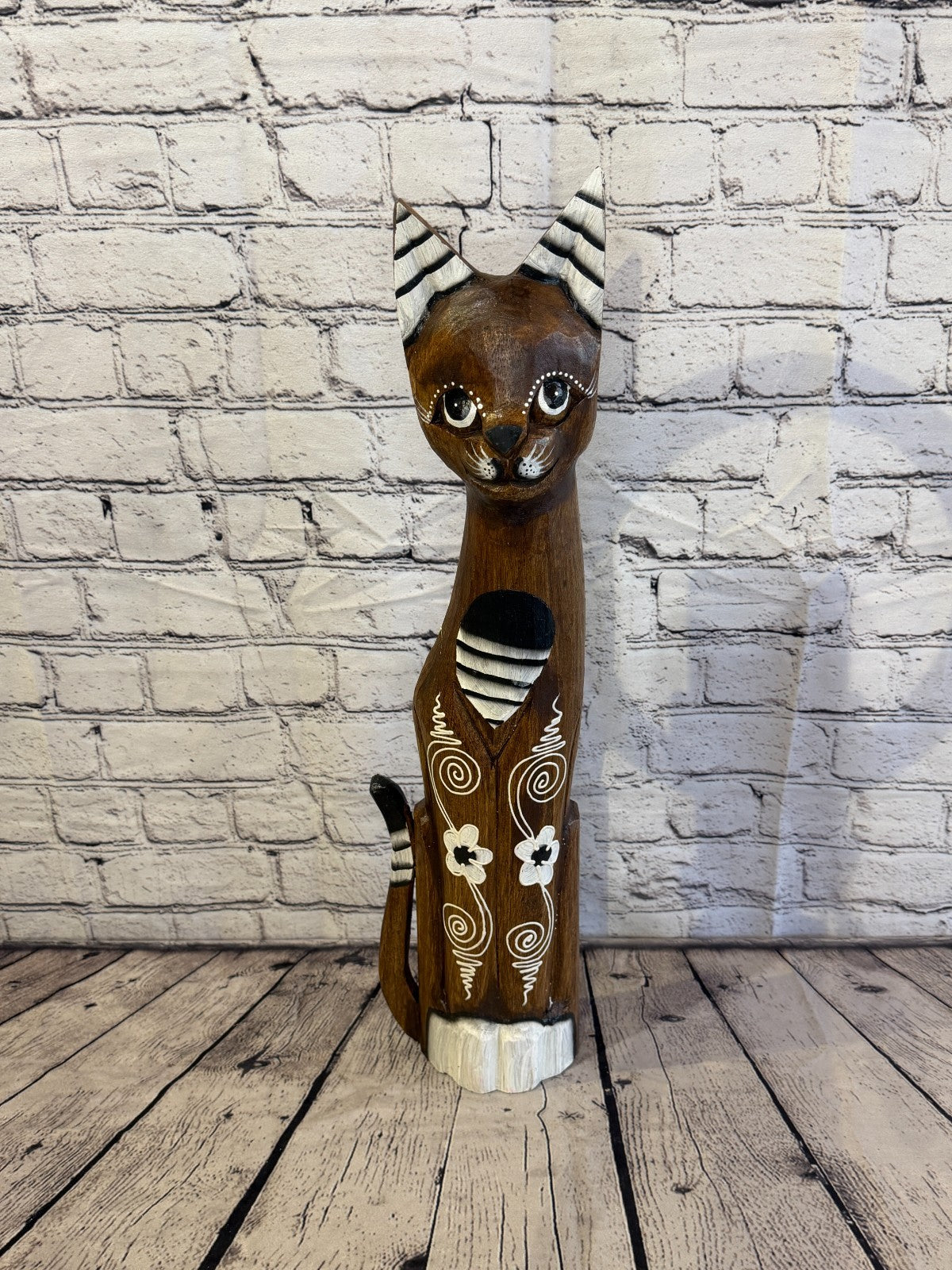 60cm Brown Flower Wooden Shabby Cat Statue Ornament Fair Trade Handcarved0