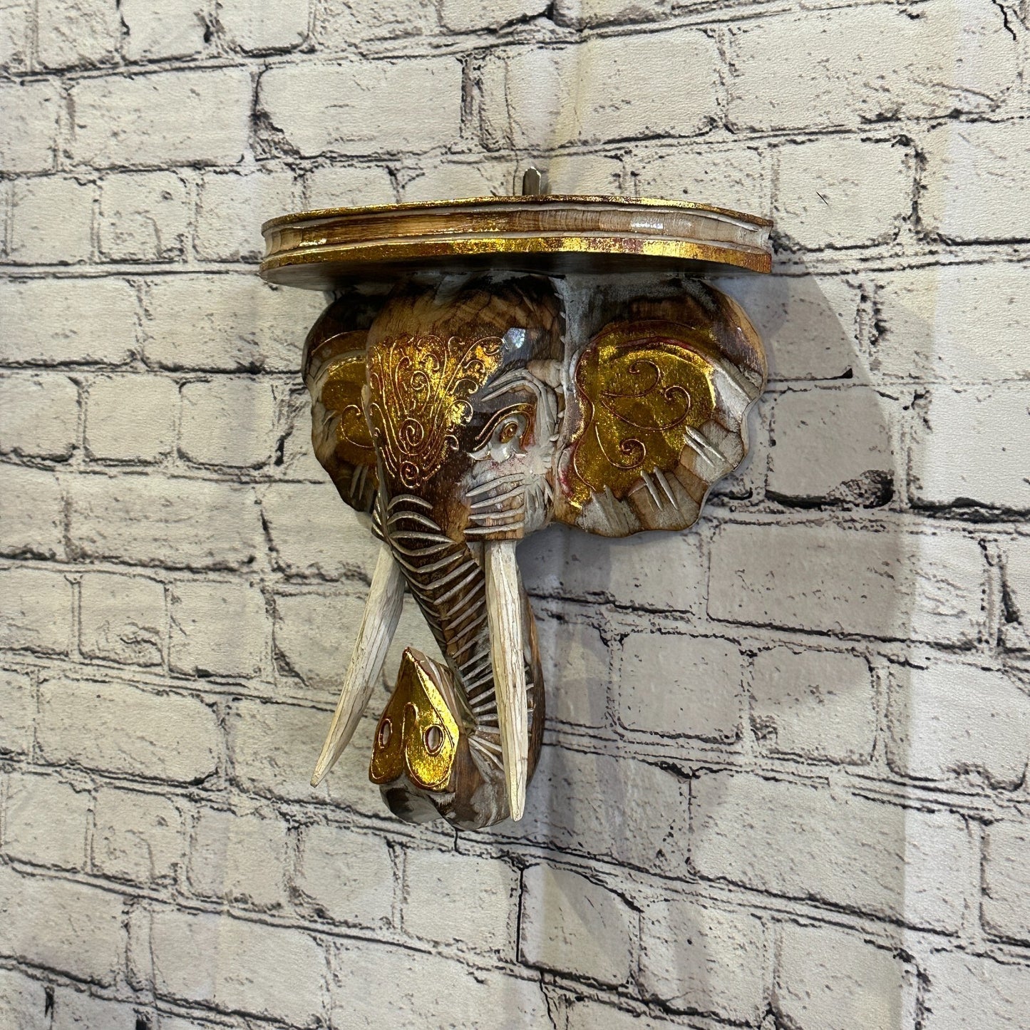 25cm x 25cm Brown Gold Shelf Wood Elephant Head Wall Mounted Art Large Shabby1