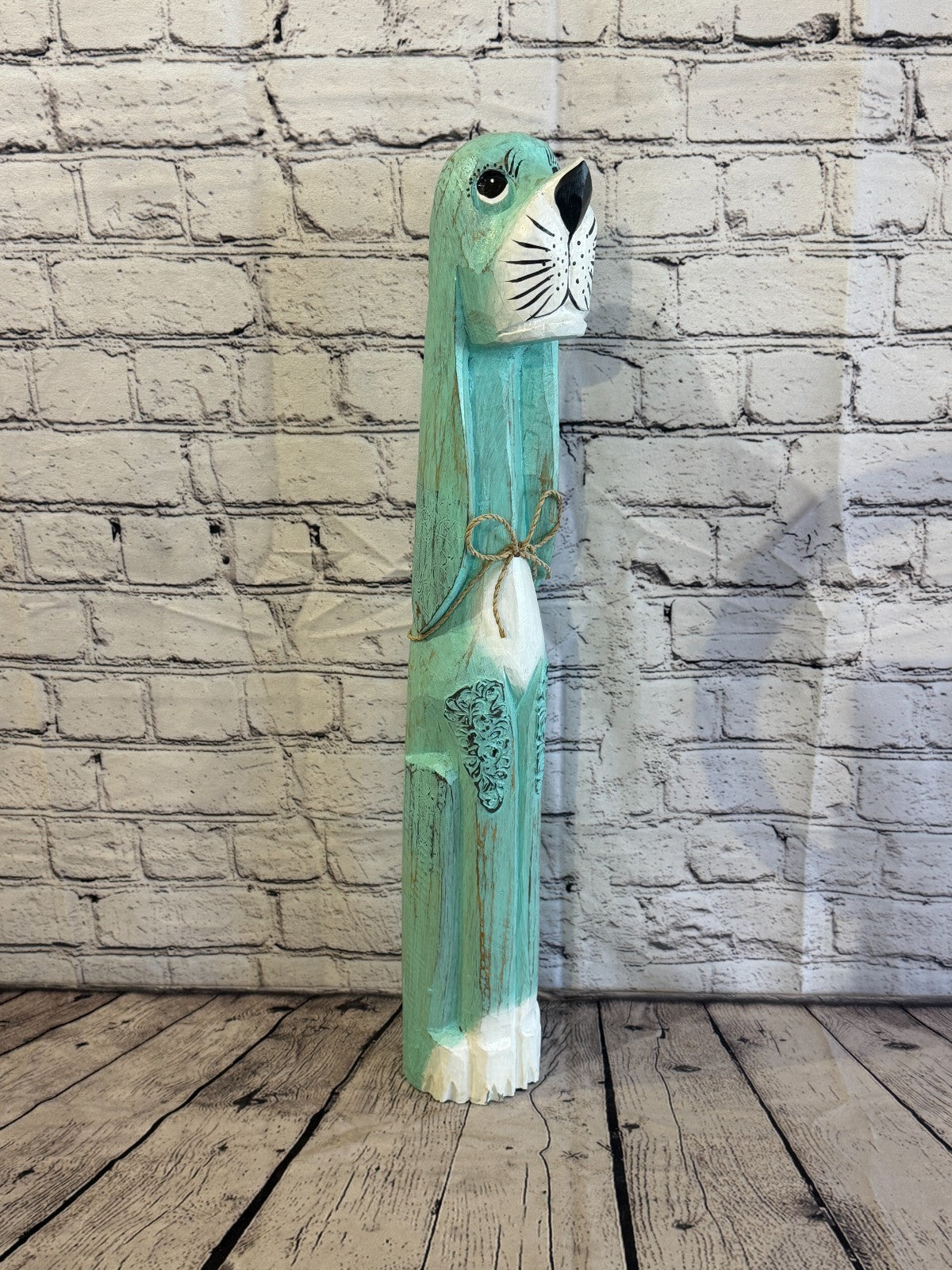 60cm Green Teal Wooden Shabby Dog Statue Ornament Fair Trade Handcarved2