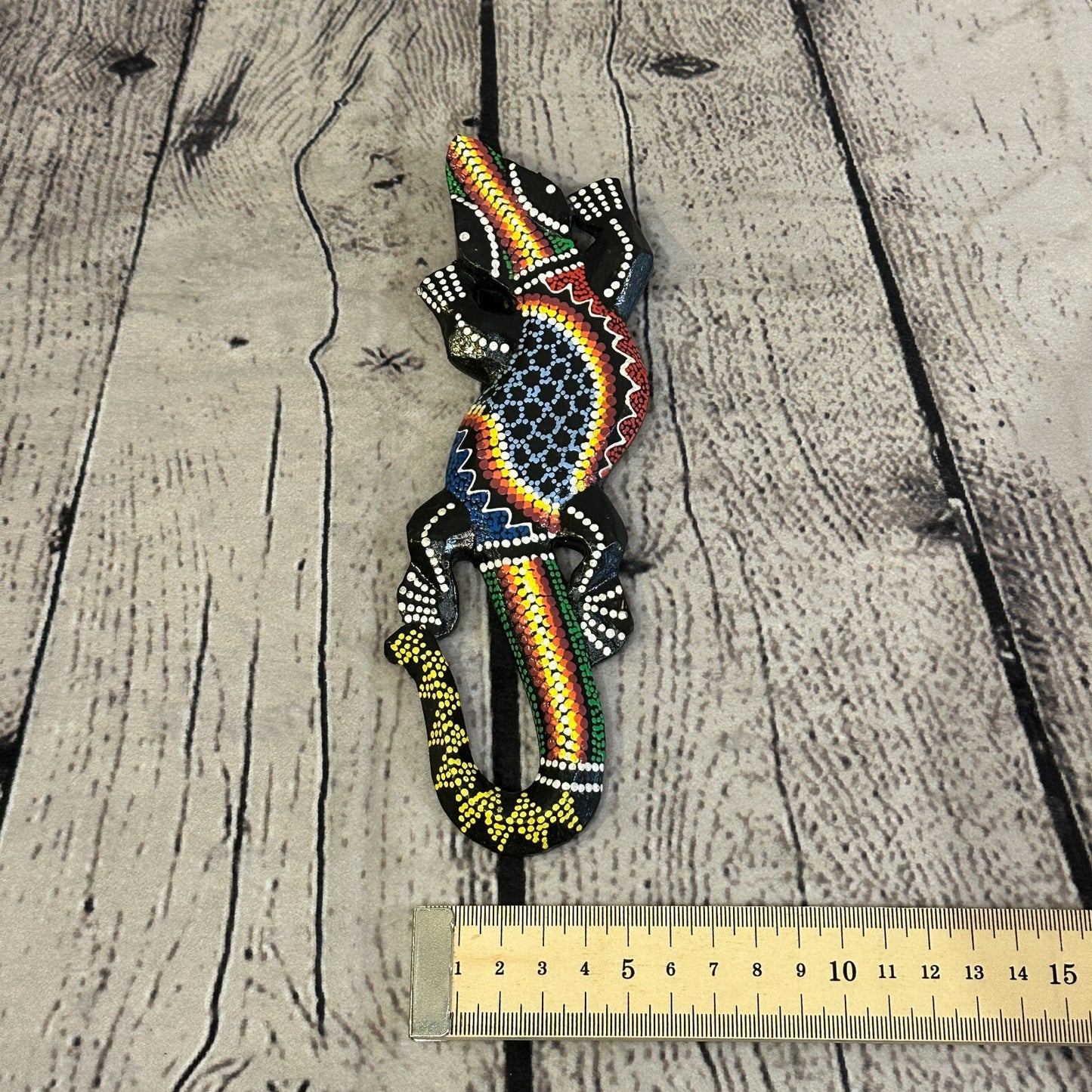 20cm Gecko Carved Wooden Dot Painted Ethnic Tribal Tiki Wall Handmade No 15