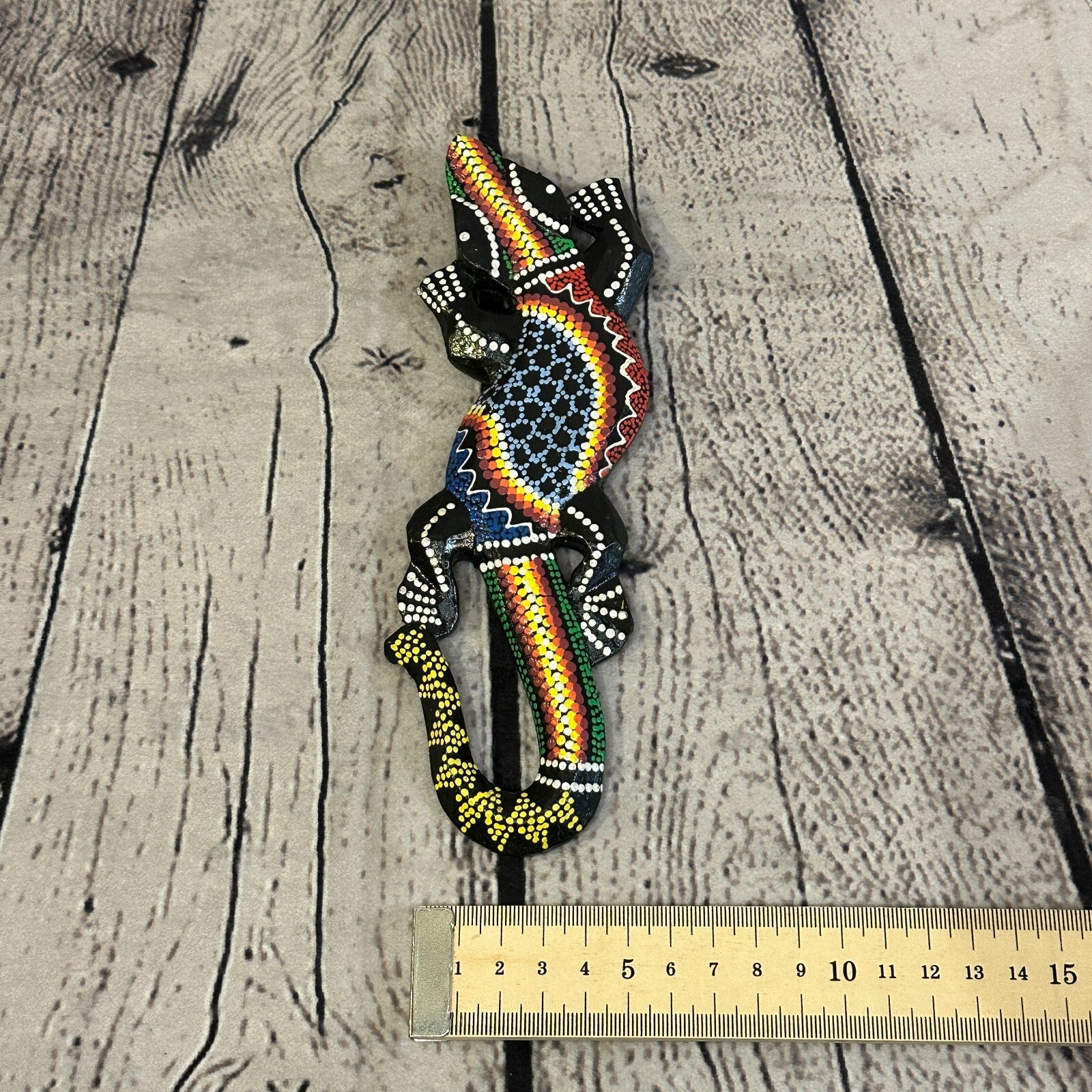 20cm Gecko Carved Wooden Dot Painted Ethnic Tribal Tiki Wall Handmade No 15
