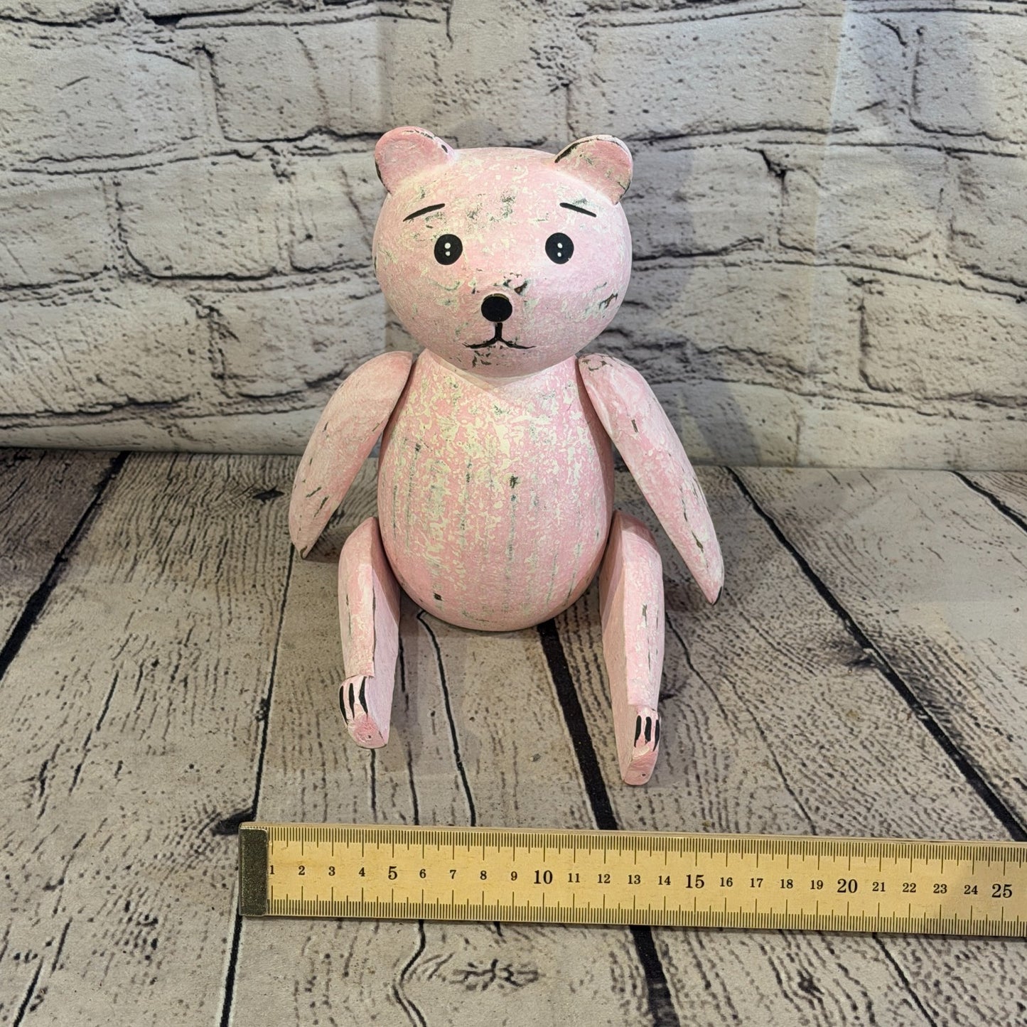 20cm Pink Teddy Bear Sitting Animal, Wooden Shelf Ornament Handmade & Fairtrade6