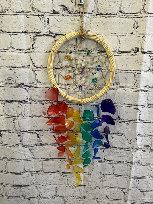 55cm Rainbow Dream Catcher  Recycled Glass Driftwood Handmade Garden Home Mobile0