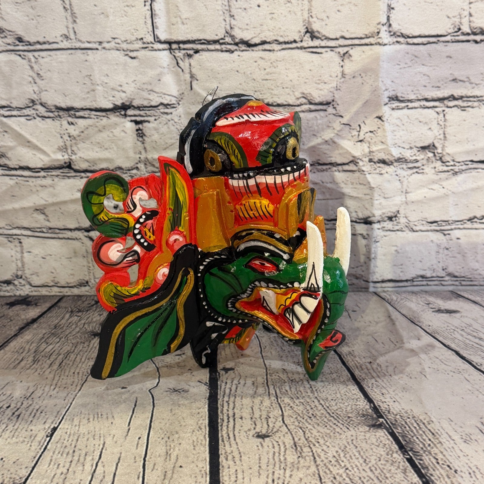 25cm Ganash Ganesha Green Elephant Hindu Deity Wooden Hand Carved Mask Painted4