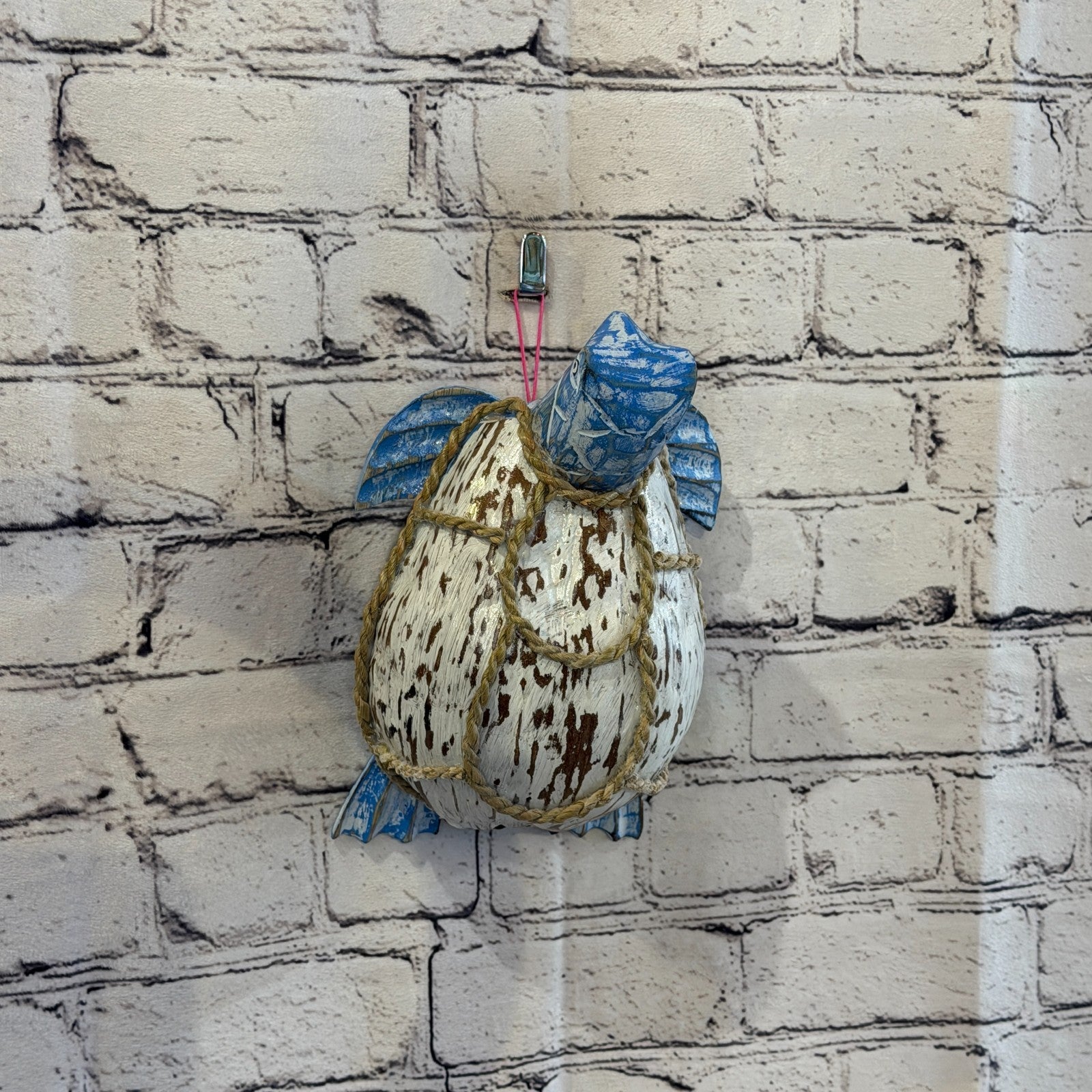 White Body Blue Folk Art Painted Turtle Coconut Shell Ornaments Hanging Decor9