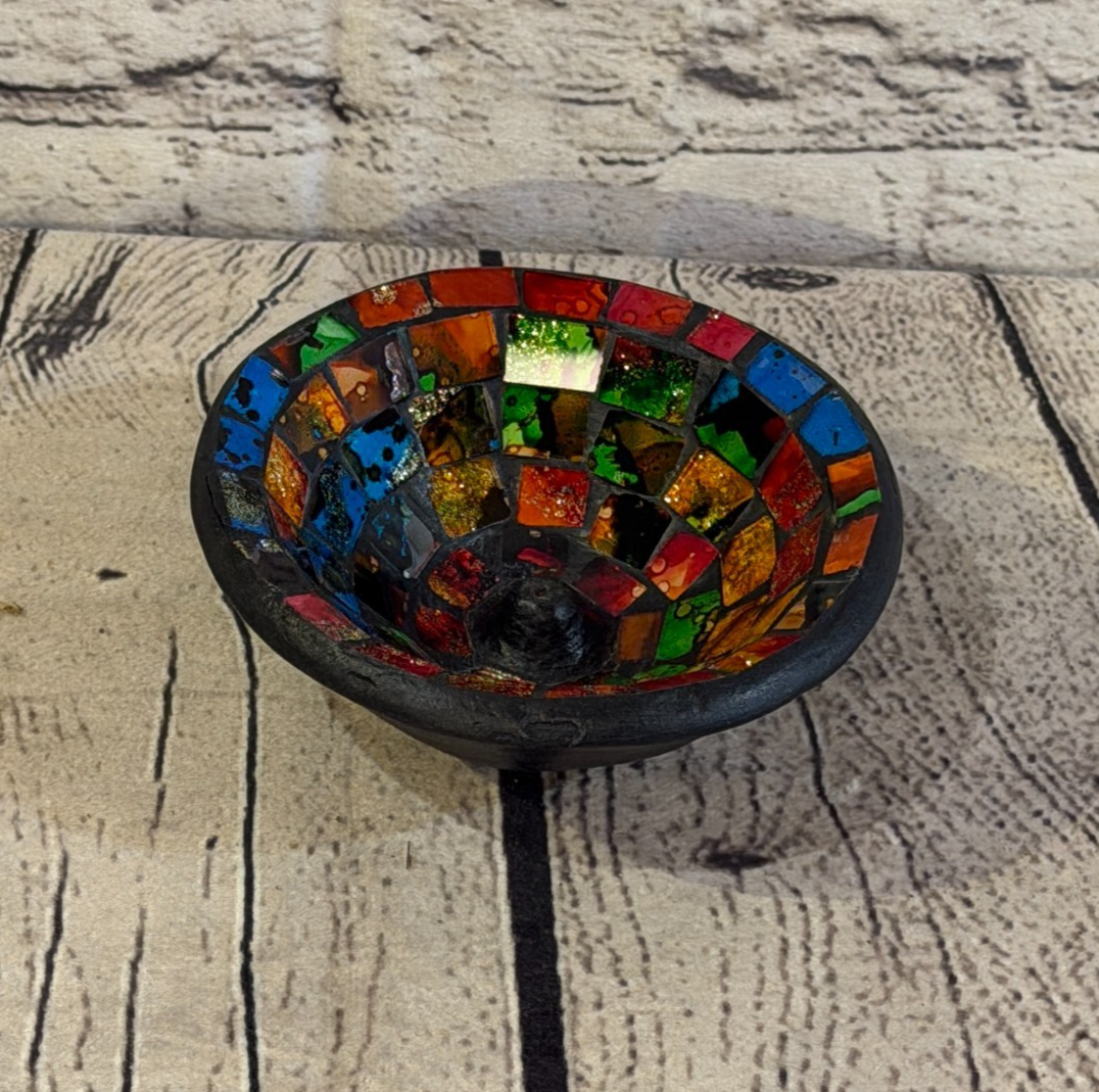 Rainbow Small 12cm Round Mosaic Pottery Incense Holder Burner Detail0