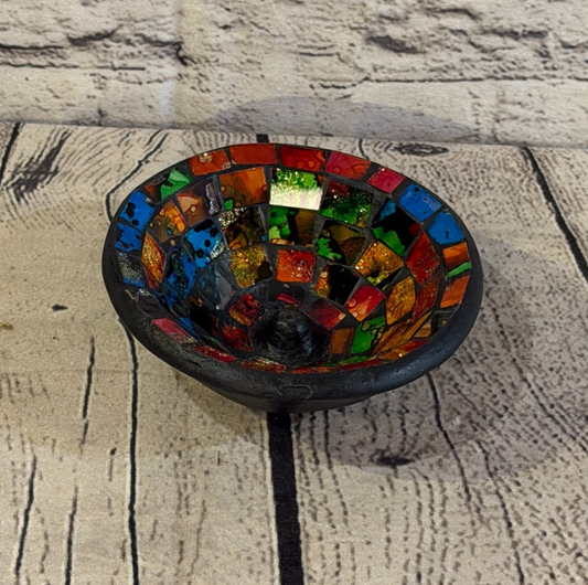 Rainbow Small 12cm Round Mosaic Pottery Incense Holder Burner Detail0