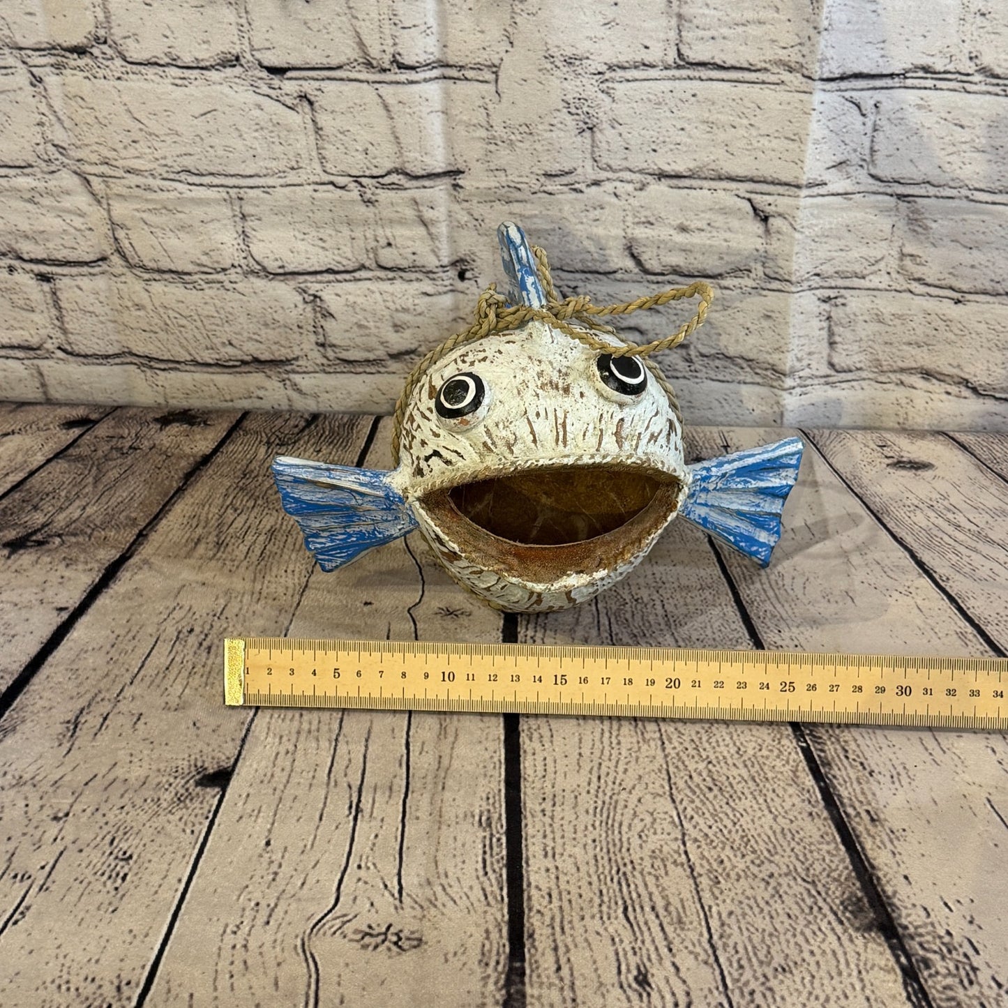 White Blue Fins Folk Art Painted Shark Fish Coconut Shell Ornaments Hanging7
