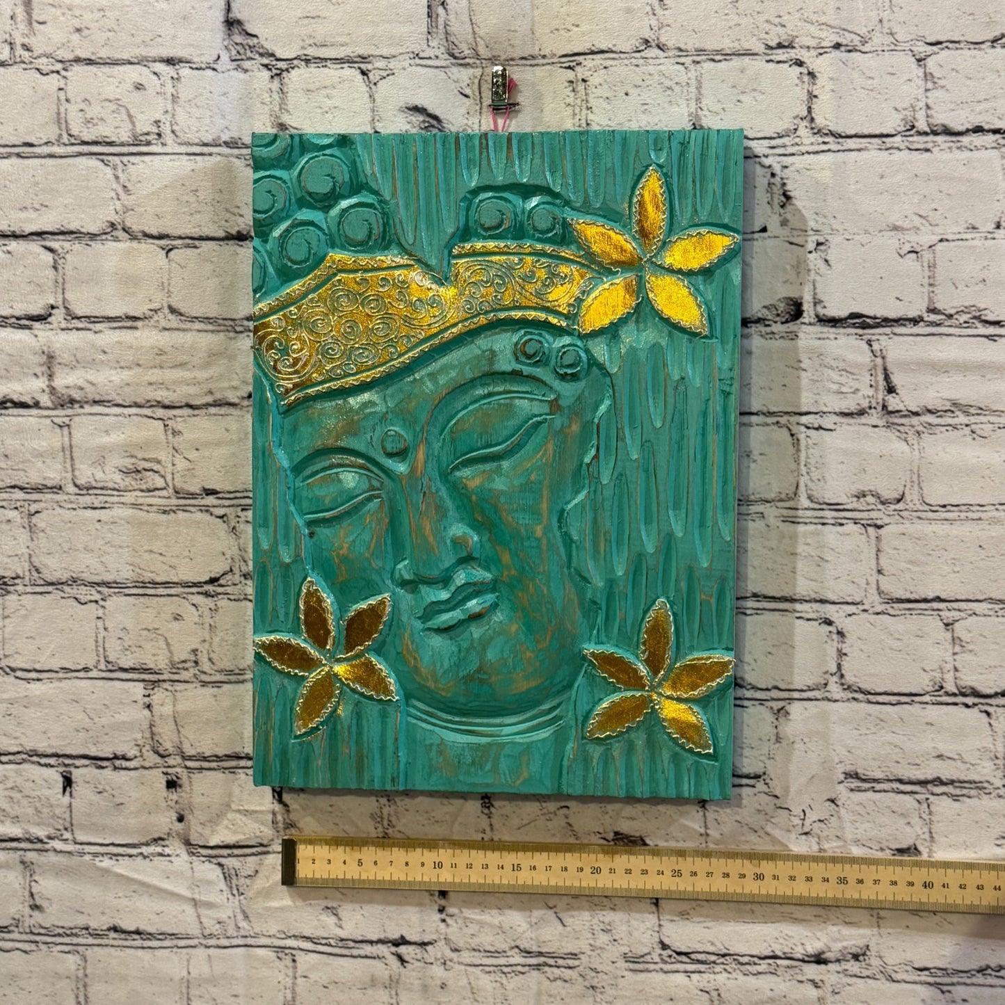Wooden Wood Panel 40cm Gold Teal Buddha Flower Wall Art Plaque Handcarved3
