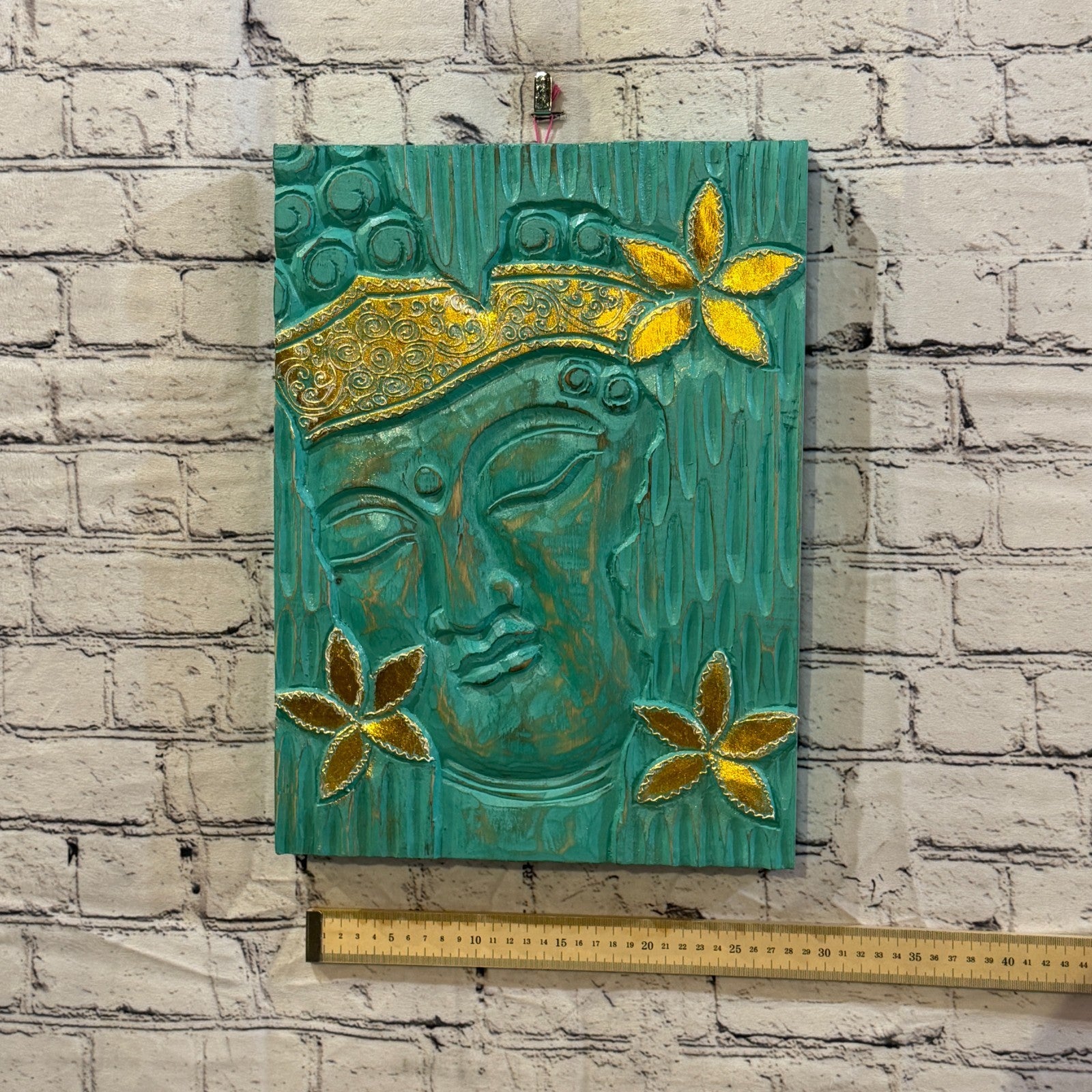 Wooden Wood Panel 40cm Gold Teal Buddha Flower Wall Art Plaque Handcarved3