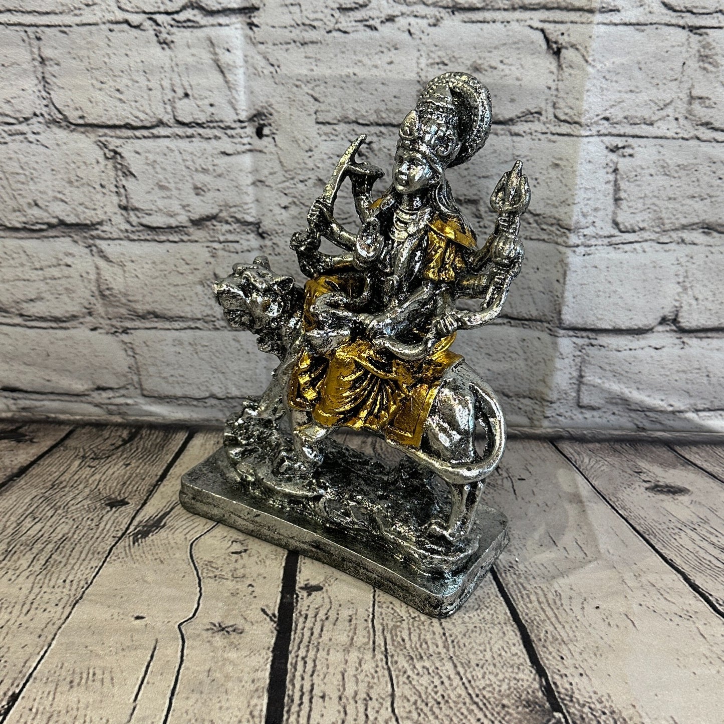 Silver And Gold 25cm x 15cm Large Durga Sitting Lotus Statue Resin Hindu God1