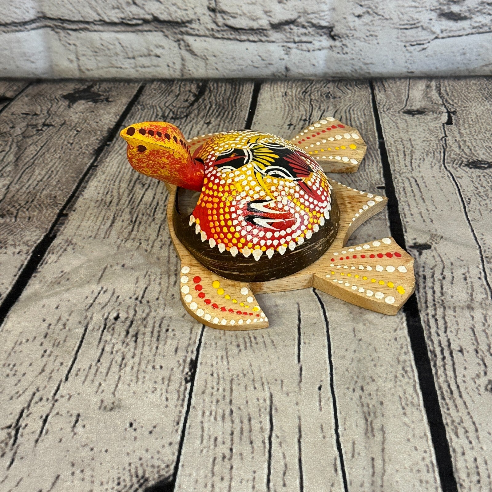 Red Painted Half Coconut Shell Wood Turtle Bobble Head Moving Tortoise Handmade1