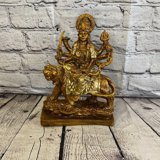 Gold & Bronze 25cm x 15cm Large Durga Sitting Lotus Statue Resin Hindu God0