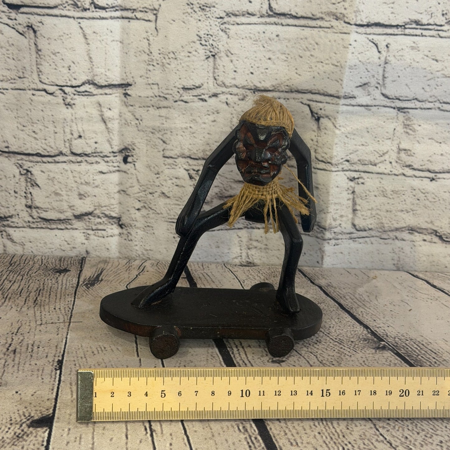 15cm Skateboard Riding African Tribal Warrior Man Figure Statue Wood Hand Carved6