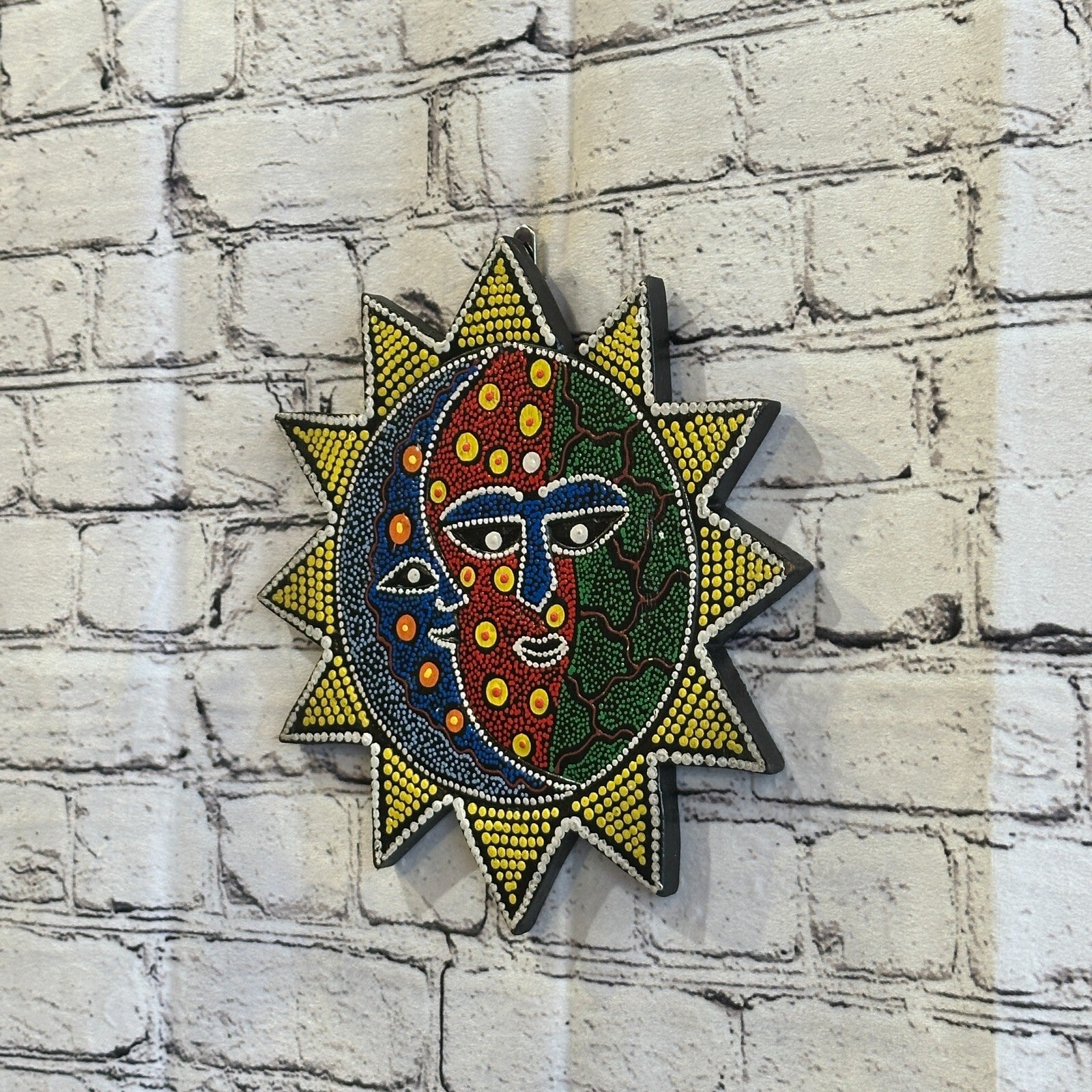 25cm Sun & Moon Carved Wooden Dot Painted Ethnic Tribal Tiki Wall Handmade No 11