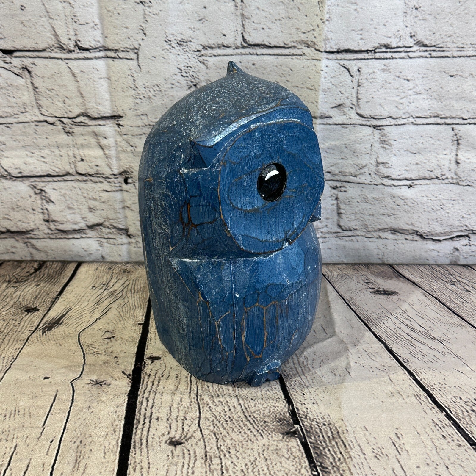20cm x 15cm Blue Flower Wooden Shabby Owl Statue Ornament Fair Trade Handcarved3