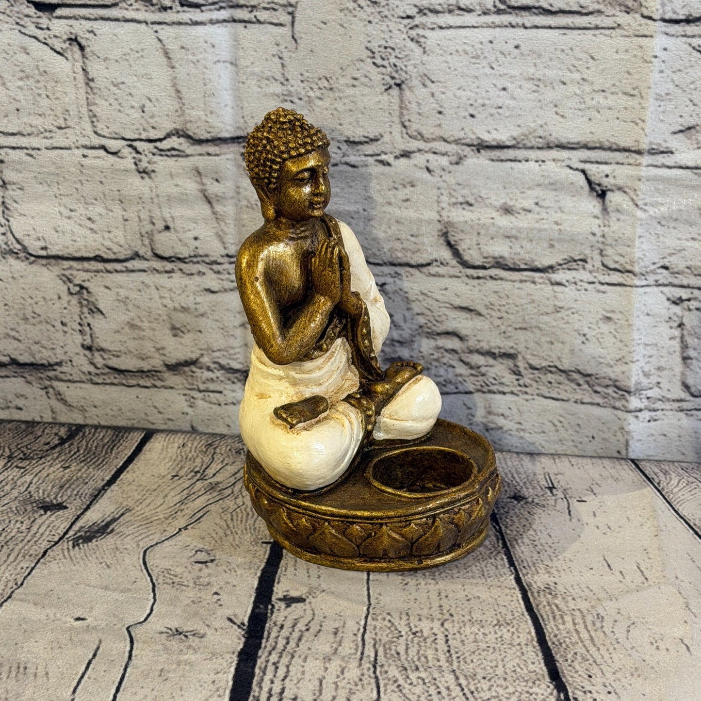 White & Bronze 20cm x 10cm Thai Buddha Tea Light Holder Statue Resin Hindu2