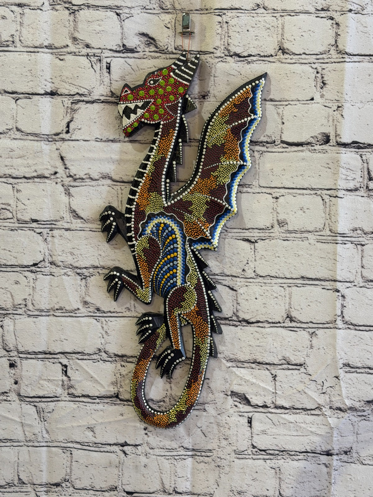 45cm Dragon Carved Wooden Dot Painted Ethnic Tribal Tiki Wall Art No 12