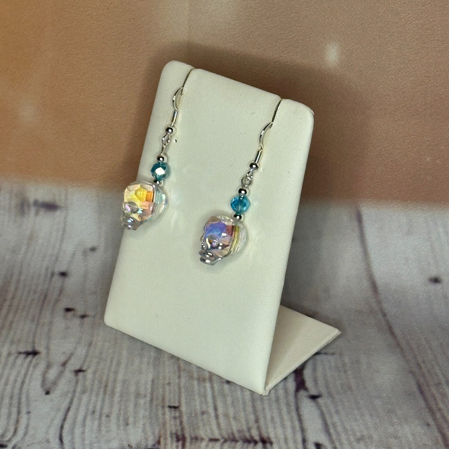 Light Blue Crystal And Skull Shaped Dangle Drop Earrings Handmade UK Jewellery1