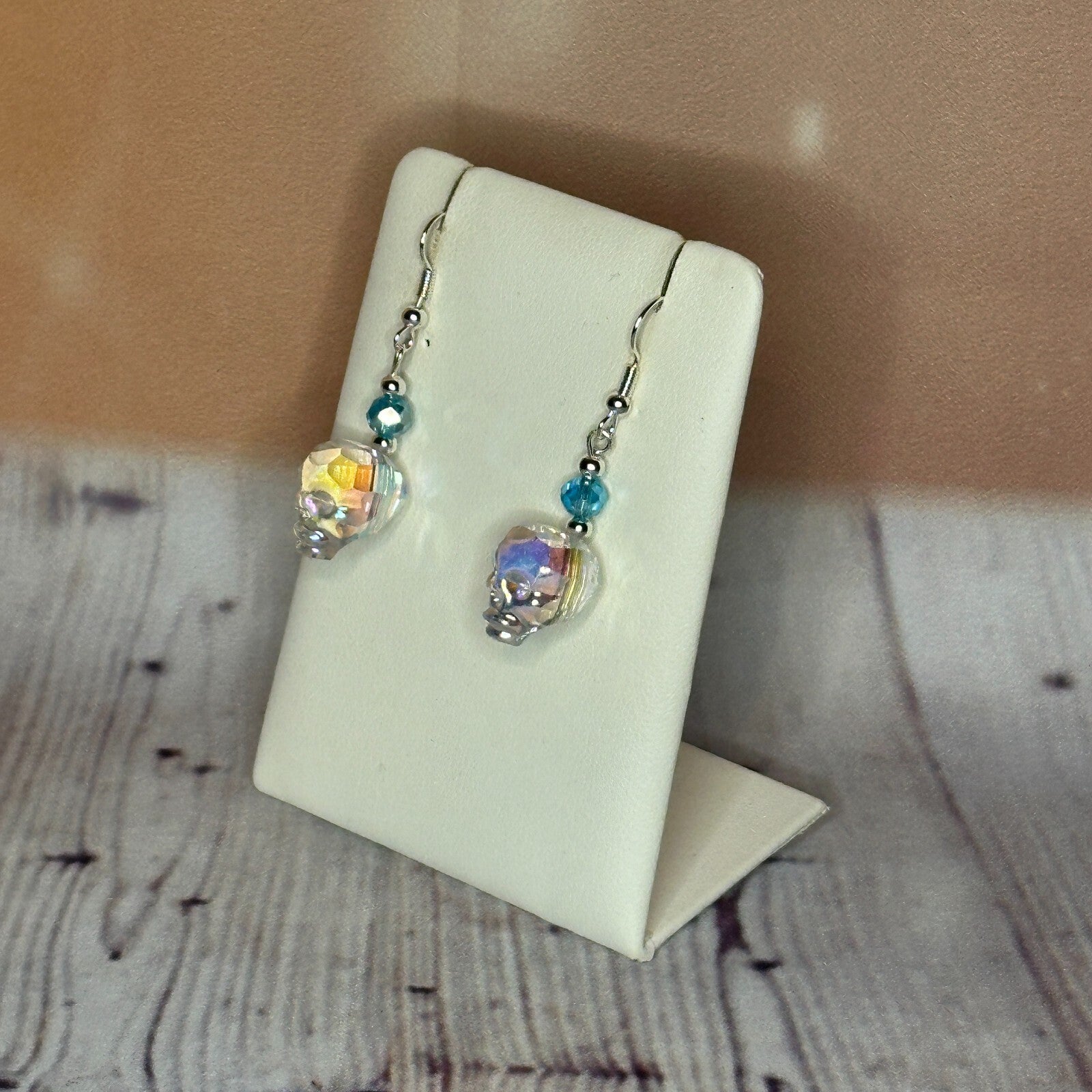 Light Blue Crystal And Skull Shaped Dangle Drop Earrings Handmade UK Jewellery1
