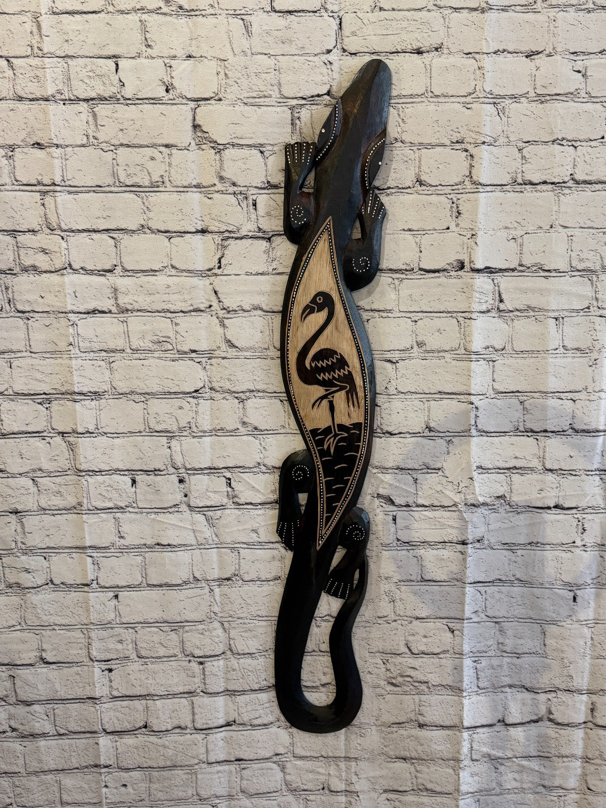 100cm Flamingo Gecko Carved Wooden Brown Work Painted Ethnic Tribal Tiki Art2