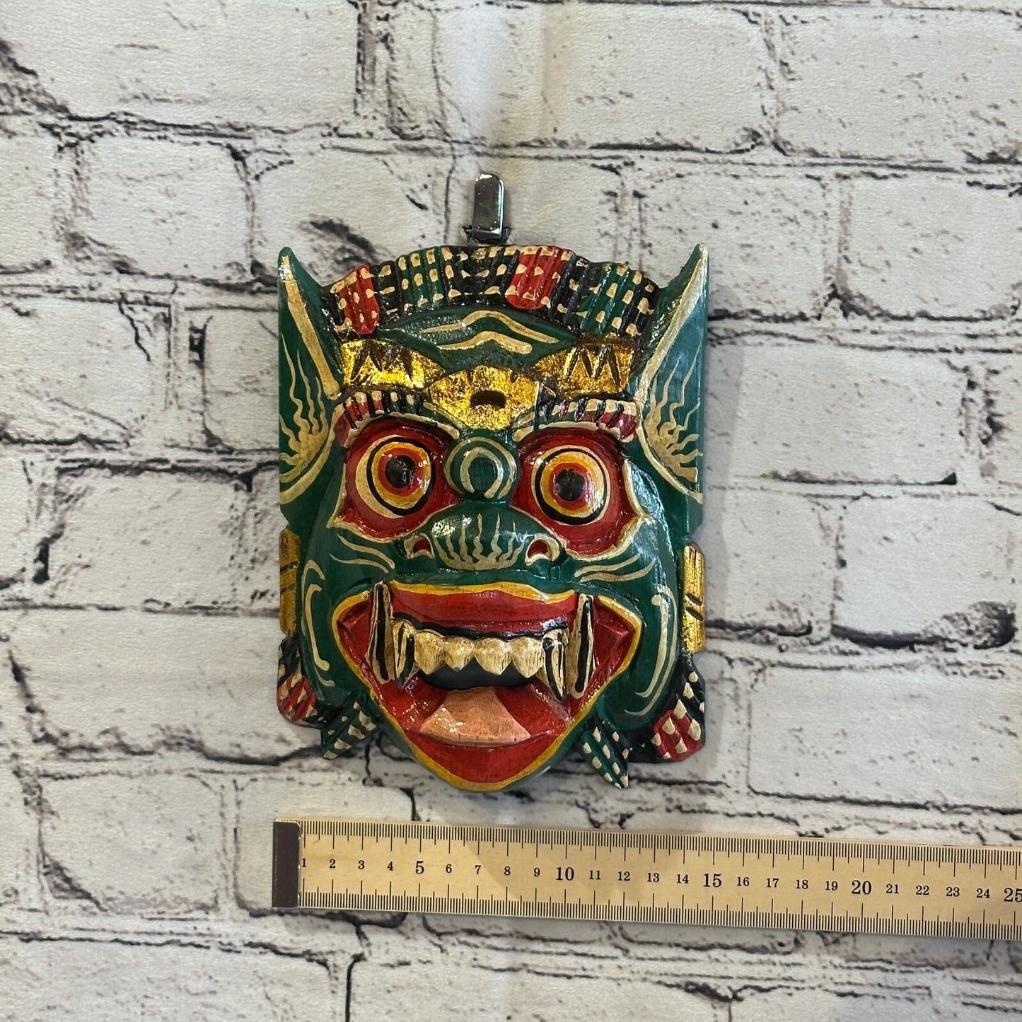 Large Wooden Green Barong Wall Mask 18cm x 18cm Handmade And Fairtrade Hindu4
