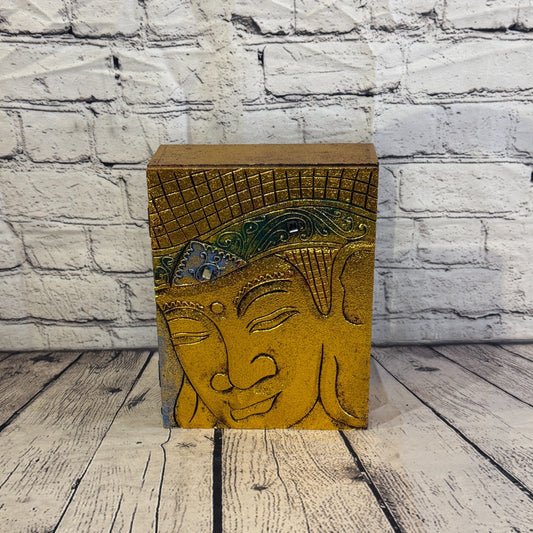 Bright Gold Thai Buddha Head Plain 25cm x 18cm x 7cm Wooden Box Trinket Handmade0