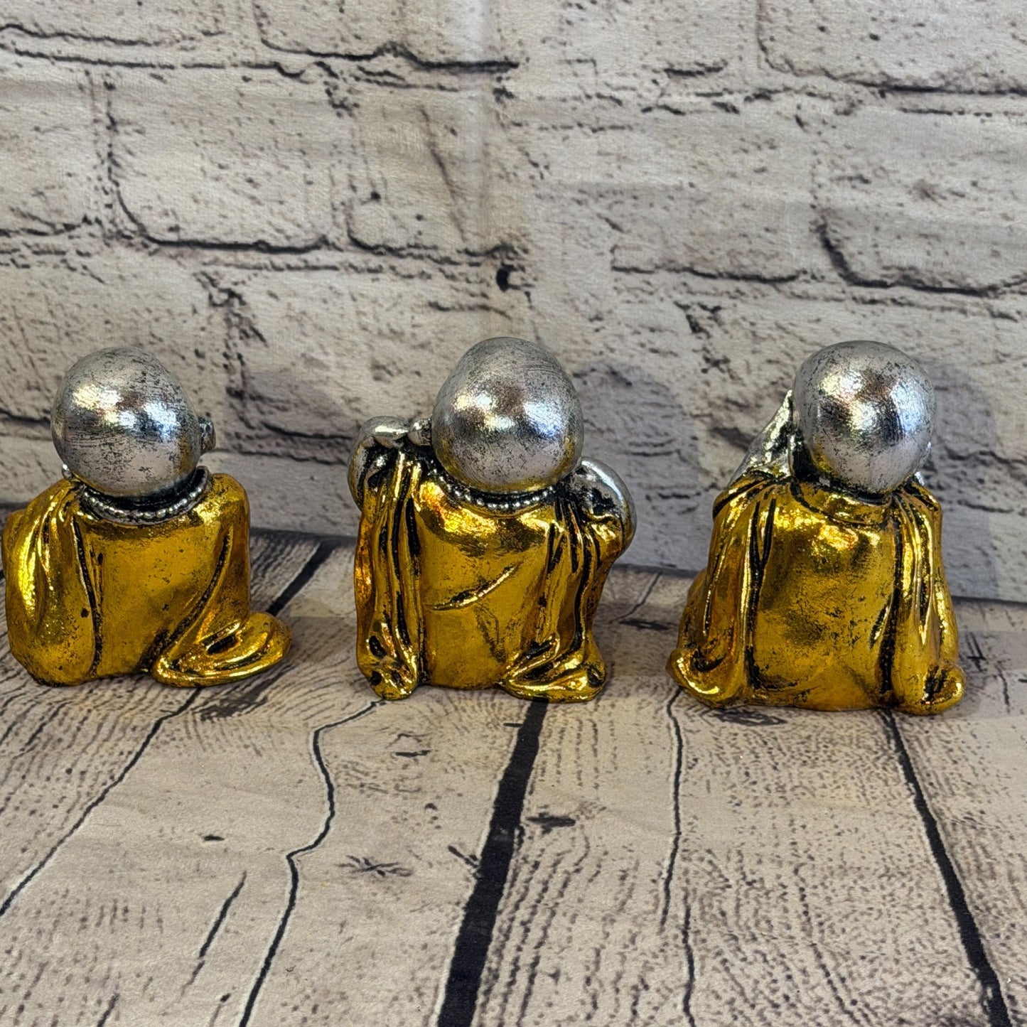 Silver Gold 10cm Set Of 3 Wise Buddha Monks Sitting On Seat Statue Resin Hindu3