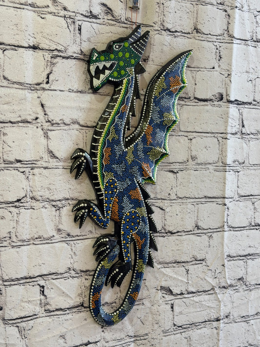 45cm Dragon Carved Wooden Dot Painted Ethnic Tribal Tiki Wall Art No 60