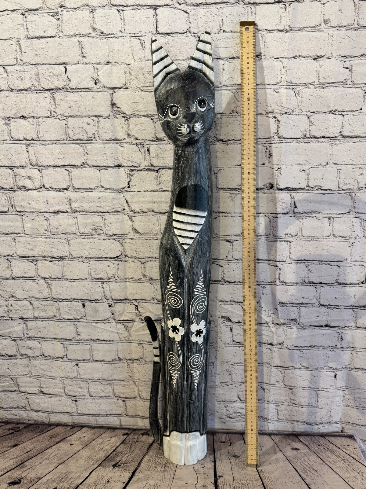 100cm Grey Flower Wooden Shabby Cat Statue Ornament Fair Trade Handcarved5