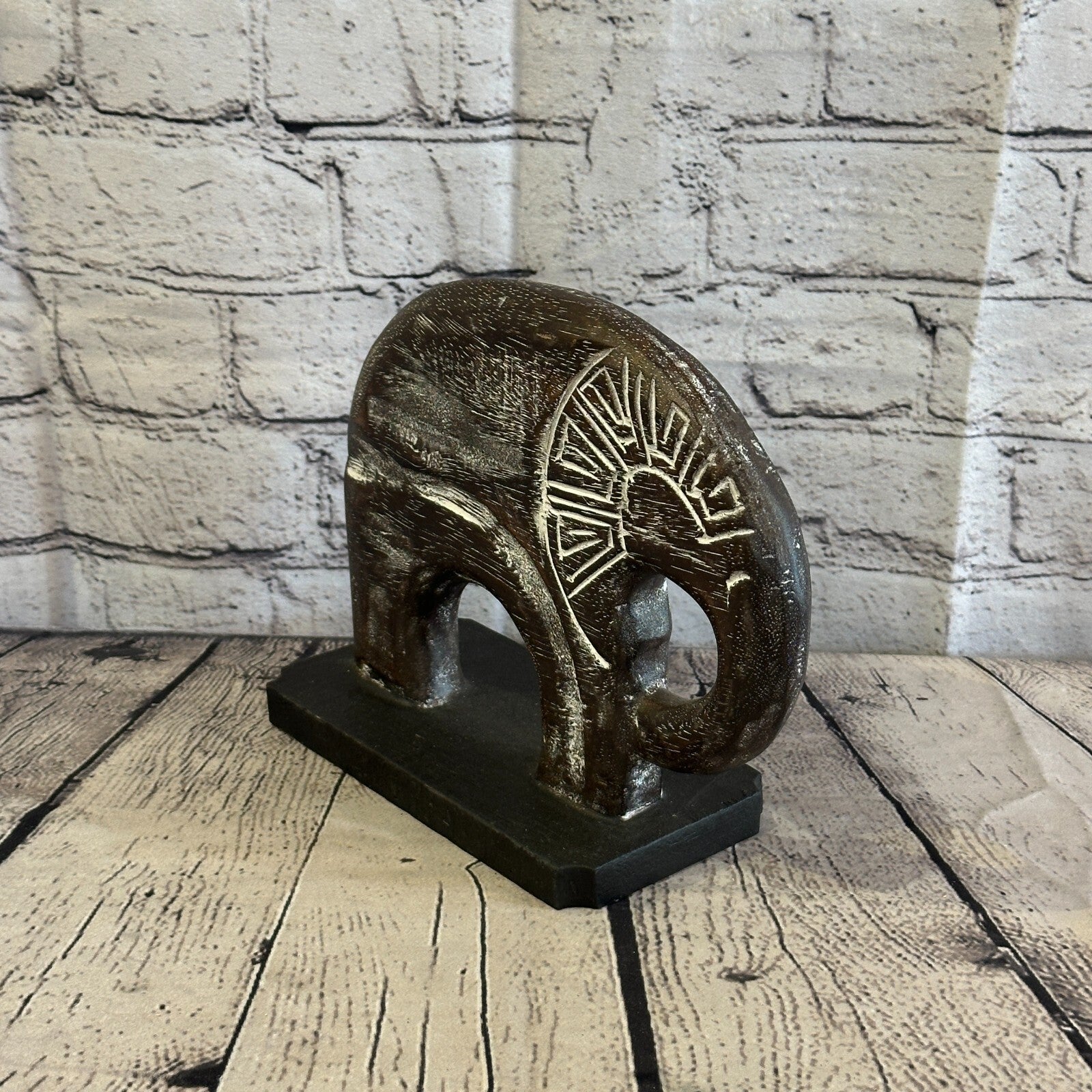 20cm x 20cm Wooden Tribal Primitive Black Elephant Round Stand Sculpture Statue2