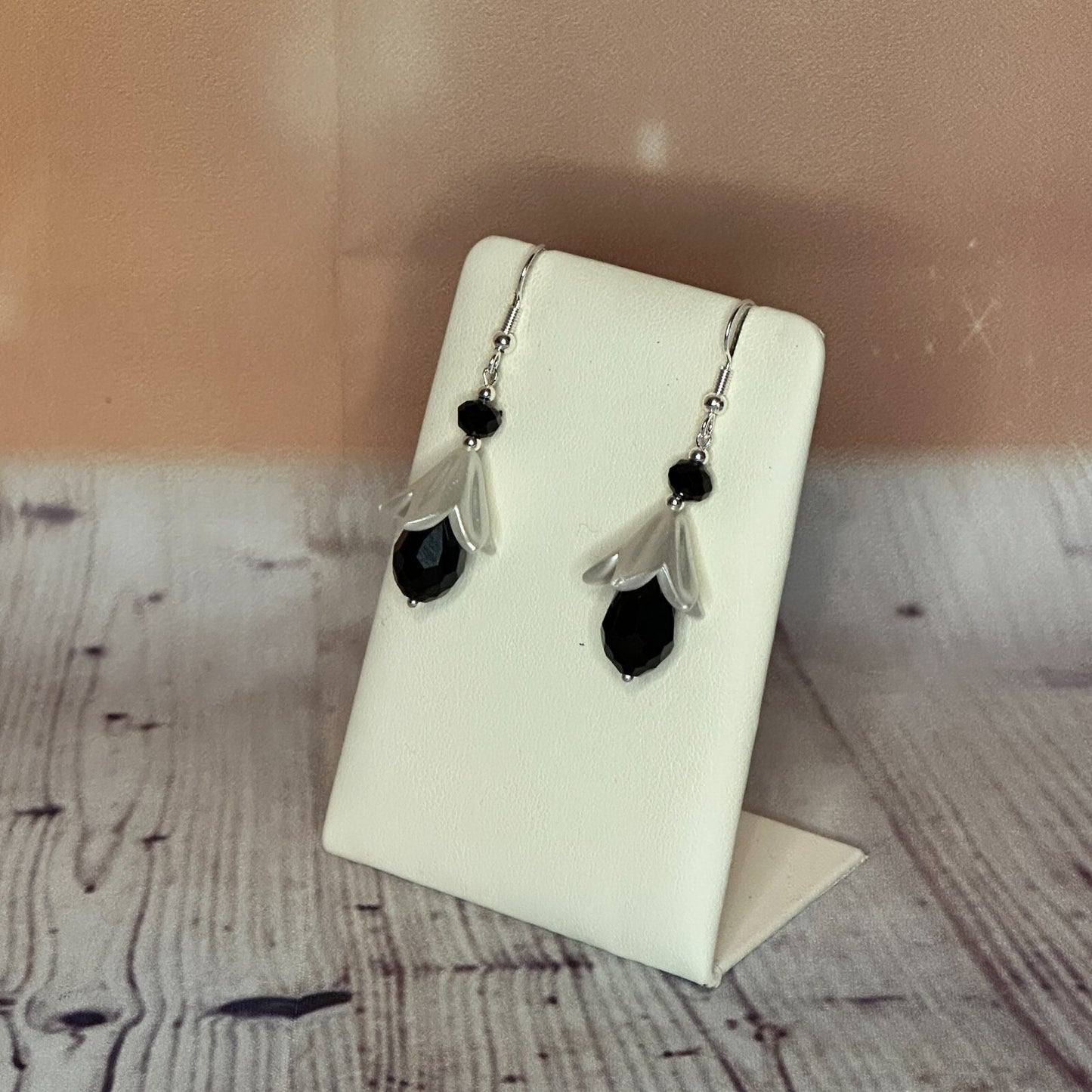 Black Drop Crystal Lily Flower With Dangle Drop Earrings Handmade UK Jewellery1