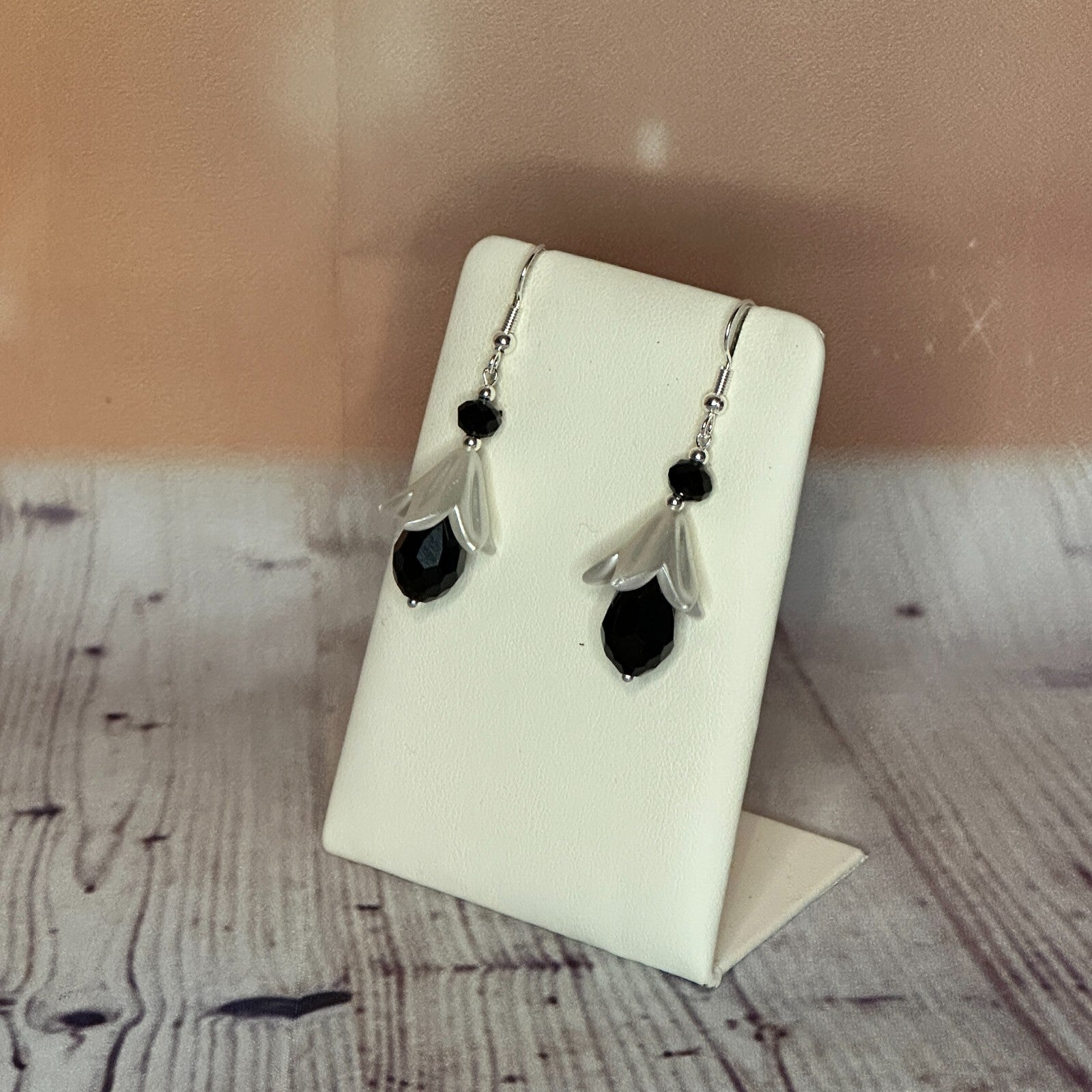 Black Drop Crystal Lily Flower With Dangle Drop Earrings Handmade UK Jewellery1